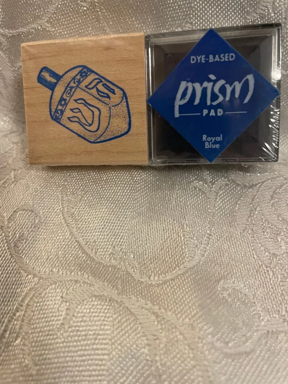 1996 Rubber Stampede Dreidel Stamp with Wood Top and Royal Blue Prism Ink Pad